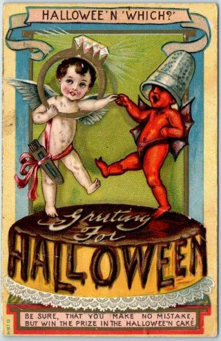 Vintage Halloween Postcard Angel & Devil Dancing On Cake Series B154 1912 Cancel