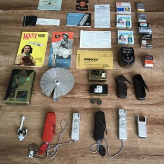 (2) Vintage Minox B Camera W/ Accessories Flash Film Meter Books & More Spy Mini