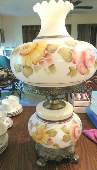 Vintage Gone W /the Wind Hurricane Style Glass Lamp Painted Floral 26 Inch 3 Way