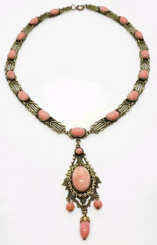 Antique Gold Filled Art Nouveau Coral Peking Glass Cab Festoon Filigree Necklace