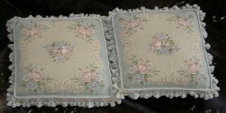 Vintage Victorian Petit Point Needlepoint Floral Tassel Edge Pillows 20x20 Pair