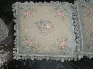Vintage Victorian Petit Point Needlepoint Floral Tassel edge Pillows 20x20 PAIR 2