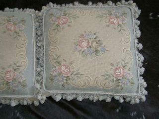 Vintage Victorian Petit Point Needlepoint Floral Tassel edge Pillows 20x20 PAIR 3