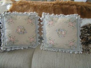 Vintage Victorian Petit Point Needlepoint Floral Tassel edge Pillows 20x20 PAIR 4