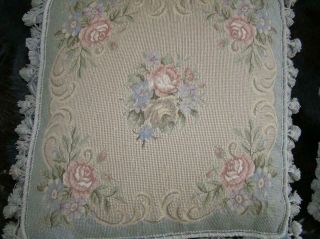 Vintage Victorian Petit Point Needlepoint Floral Tassel edge Pillows 20x20 PAIR 6