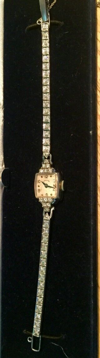 Hamilton Vintage 1940s Art Deco 14k White Gold Diamond Ladies Wristwatch