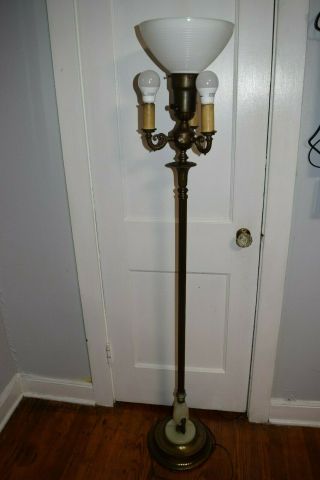 Vintage Art Deco Solid Brass Torchiere Floor Lamp With Onyx