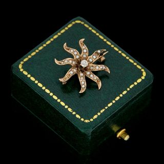 Antique Vintage Nouveau 14k Rose Gold Starburst Seed Pearl & Diamond Pin Brooch