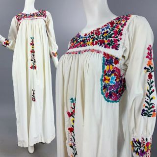 S/m Vintage 70s Mexican Dress Floral Oaxacan Embroidered Festival Wedding Maxi
