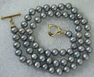 Vintage 14 K Gold Clasp W/ Diamond Gray Pearls Knotted Necklace