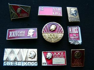 Ussr Set Of 9 Badges Of The Communist Party Congresses.