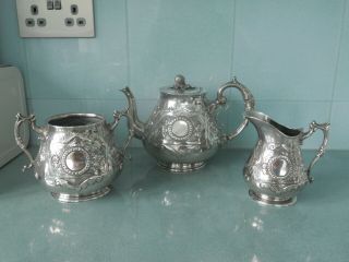 Antique / Vintage Silver Plated Ornate Embossed Tea Set - Teapot Milk Jug Sugar