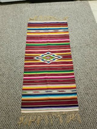 Vintage Mexican Rainbow Striped Saltillo Table Runner Weaving 48 " By 22 1/2