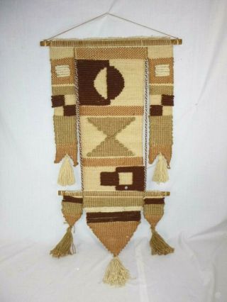 Vtg 70s Fiber Art Wall Hanging Textile Art Earth Tones Tribal Motif 22 X 43