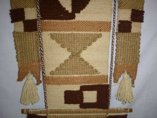 Vtg 70s Fiber Art Wall Hanging Textile Art Earth Tones Tribal Motif 22 x 43 3