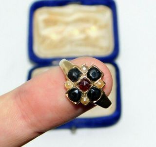 Antique,  Georgian Victorian 9ct Gold Seed Pearl,  Whitby Jet Mourning Ring