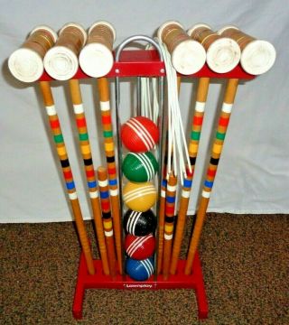 Vintage Lawnplay 6 Player Wood Croquet Set With Stand Complete