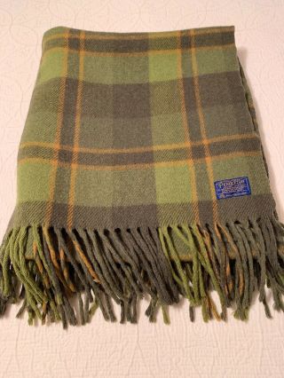 Vtg Pendleton Wool Blanket Throw Green Plaid Fringed 49”x 66” Virgin Wool Euc