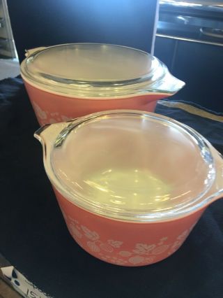 Vintage Pyrex Pink Gooseberry Baking Dish W/ Lids 475 & 473 - Great Shape