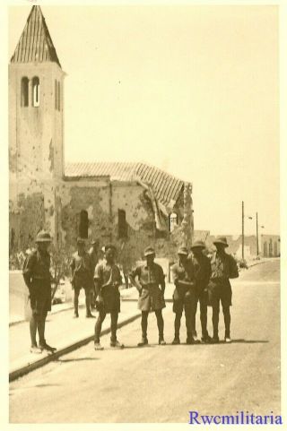 Lg.  Port.  Photo: Great German Afrika Korps Troops On Street By Bombed Buildings