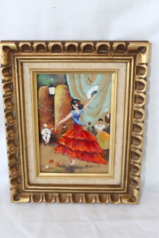 Vintage Enamel On Copper Painting Dancing Girl Signed M Keises Frame 10 1/4 " X 8
