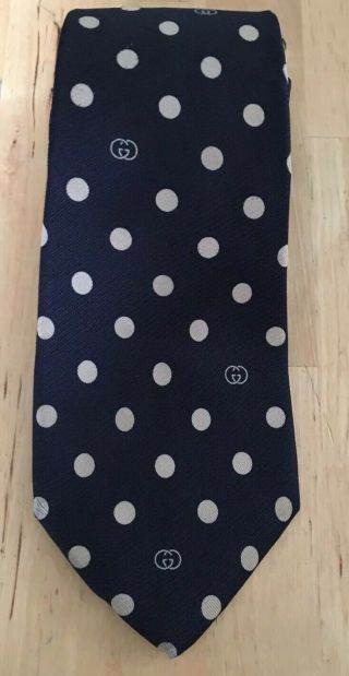 Vintage Gucci Silk Neck Tie.  Black/blue With Beige Polka Dots.
