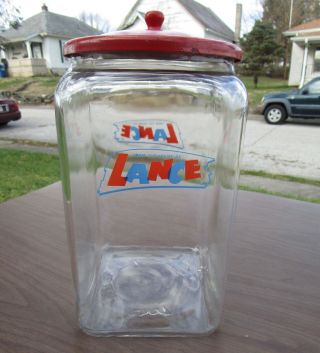 Rare Large Vintage Lance Cracker Glass Store Display Jar With Metal Lid