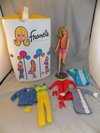 Vintage Barbie Mod Cousin Francie Doll,  Clothing In Htf Oval Case