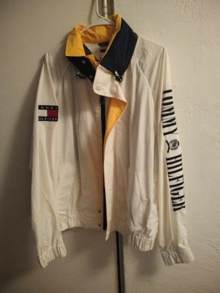 Vintage 90s Tommy Hilfiger Jacket Spell Out Sleeve Big Flag Windbreaker Large
