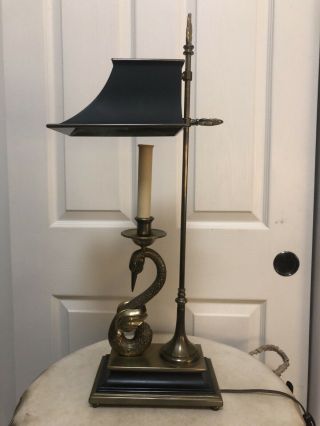 Vtg Chapman Brass Swan Light Lamp Adjustable Tole Shade Desk Bouillotte Candle