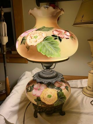 Lg Vintage Gone With The Wind Hurricane Lamp Hand Painted Flowers 3 Way Gorgeous