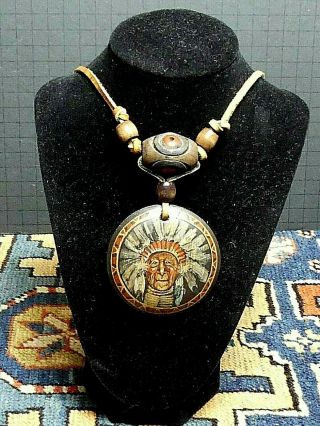 Vintage K.  Cooper Hand Painted On Wood Native American Indian Chief Necklace