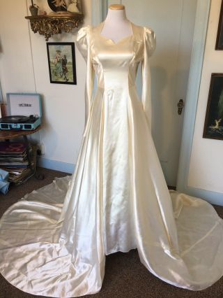 Vintage 1940s Liquid Satin Wedding Dress With Long Train