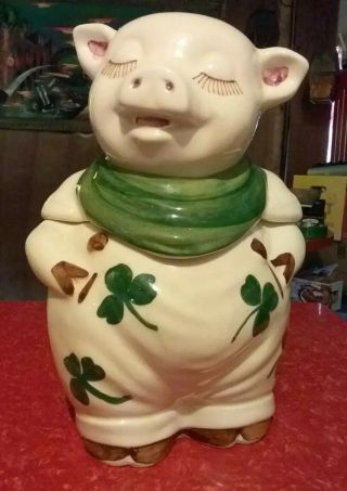 Fabulous Vintage Usa Shawnee Pottery Smiley Pig Cookie Jar Green Shamrock 11 "