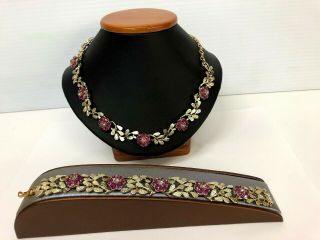 Vintage Coro Two Tone Set Of Necklace & Bracelet With Ruby Color Rhinestone