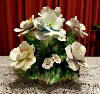 Vintage Capodimonte 9 Large Flower Basket Centerpiece Crown N Made In Italy