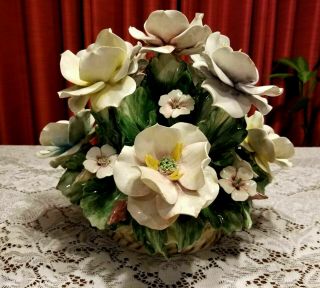 Vintage Capodimonte 9 Large Flower Basket Centerpiece Crown N Made in Italy 5