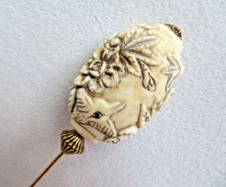 Vintage Chinese Carved Bovine Bone Bead Hat Pin Hummingbird Floral