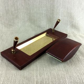 Asprey Leather Desk Set Tidy Ink Blotter Tray Holder Vintage Mid Century Red