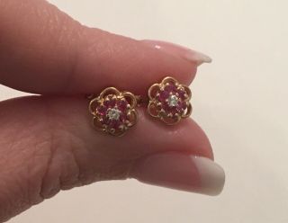 Vintage 14k Yellow Gold Red Ruby & Diamond Flower Floral Earrings