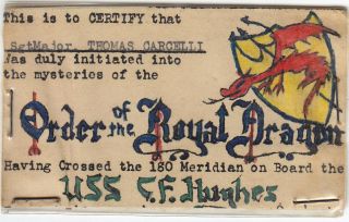 Wwii Usmc Sgt Major Order Of The Royal Dragon Card - Uss Hughes - 1945