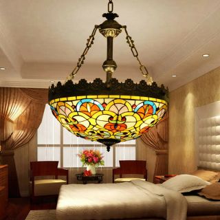Makenier Vintage Tiffany Style Stained Glass Fancy Inverted Ceiling Pendant Lamp