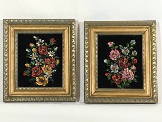 Vintage Oil Paintings On Velvet Still Life Flowers 8 X 7 Framed Pair Wall Art