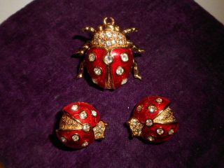 Christian Dior Ladybug Beatle Tack Brooch Earrings Set Haute Couture Red Enamel