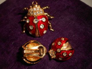CHRISTIAN DIOR Ladybug Beatle Tack Brooch Earrings SET Haute Couture RED Enamel 3