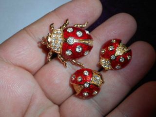 CHRISTIAN DIOR Ladybug Beatle Tack Brooch Earrings SET Haute Couture RED Enamel 6
