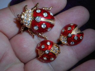 CHRISTIAN DIOR Ladybug Beatle Tack Brooch Earrings SET Haute Couture RED Enamel 7
