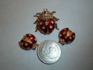 CHRISTIAN DIOR Ladybug Beatle Tack Brooch Earrings SET Haute Couture RED Enamel 8