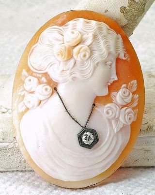 Antique Cameo Large Size Diamond Necklace Carved Shell Loose Cameo Pre 1920