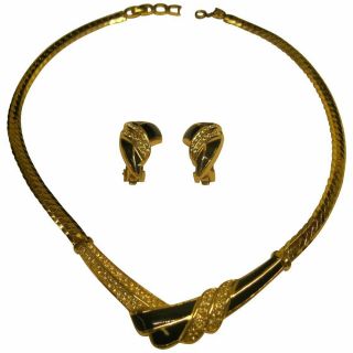 Vintage Signed Christian Dior Enamel Rhinestone Necklace Clip Earrings Set